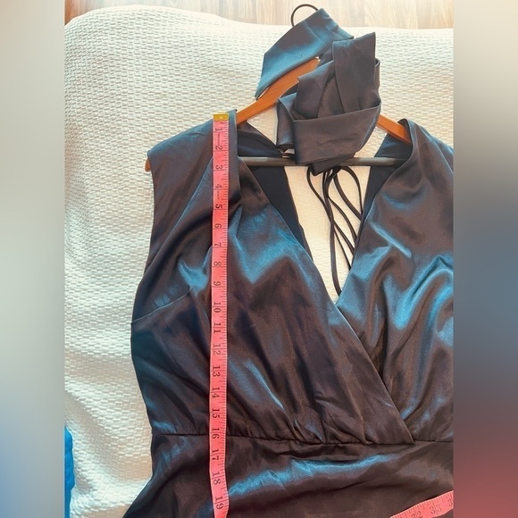 Dessy Collection V Neck Stretch Satin Charmeuse Gown In Midnight Blue - Picture 9 of 15